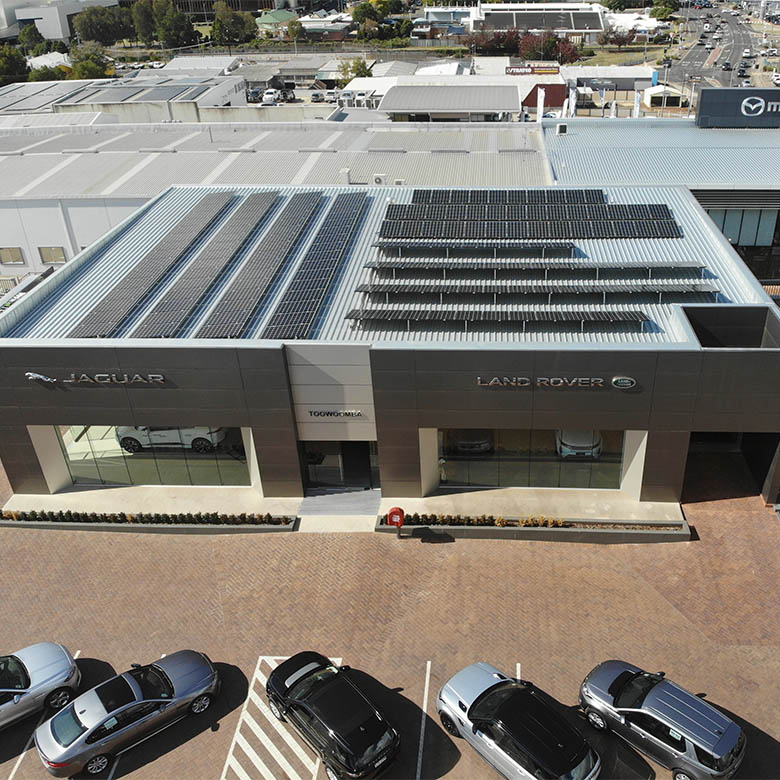 Aerial view of the car dealership solar panel installation that Excel Power set up